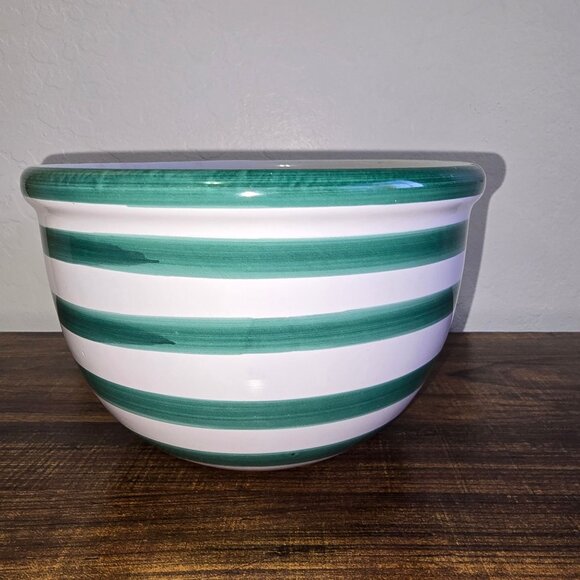 Pier 1 Vintage HandPainted Striped Ceramic Mixing Bowl Green White Italy 8" READ - Picture 3 of 12